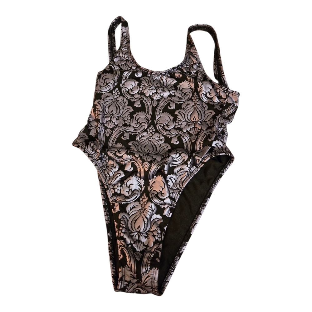 Disenos Sue, Venezuelan Brand Metallic Silver & Black Swim Suit Size M